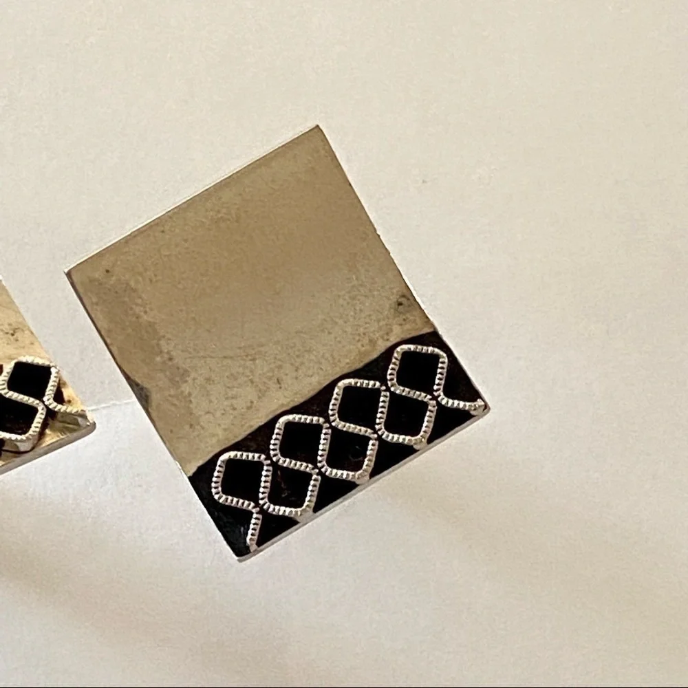 Vintage Silver and Black Enamel Curved Square Cufflinks
